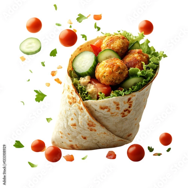 Fototapeta A Fresh Falafel Wrap with Hummus Cucumbers and Tomato Isolated on Transparent Background