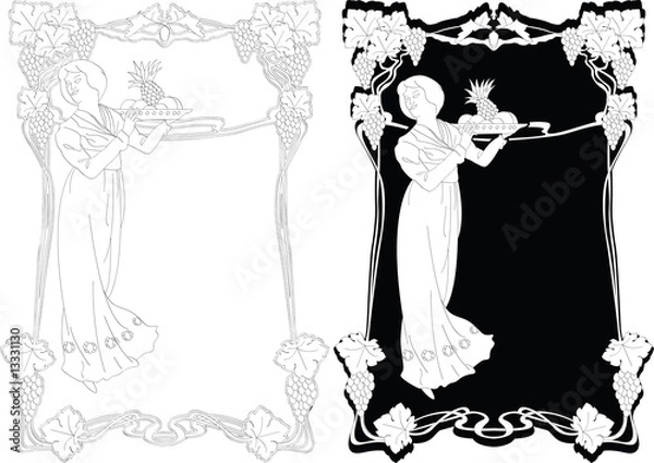 Fototapeta Girl with fruit in a framework from clusters and grapes leaves