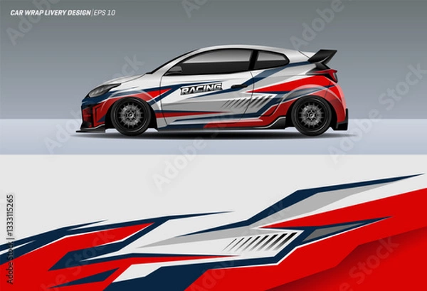 Fototapeta Sporty modern racing car decal livery design. Graphic abstract stripe racing background kit designs