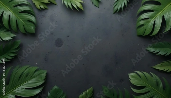 Fototapeta Lush Tropical Leaves Create A Serene, Natural Frame On A Dark Slate Background, Evoking A Sense Of Calm And Tranquility