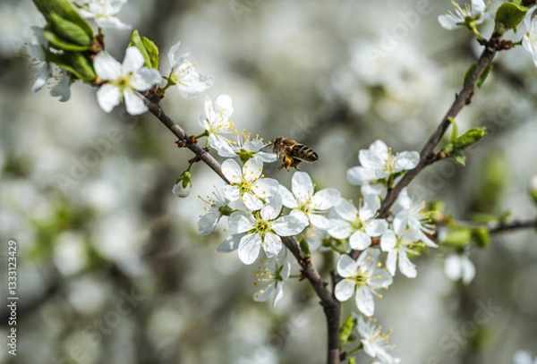 Fototapeta A bee collects nectar from blackthorn flowers. Blackthorn (or Prunus spinosa) blossoms in spring