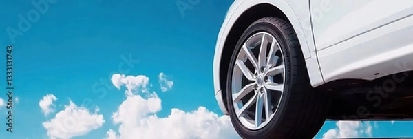 Fototapeta Aerial view of a white car loaded on a flatbed trailer for transport.