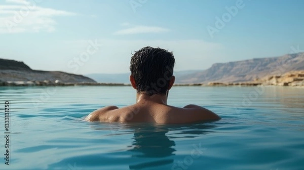 Fototapeta A man swims gracefully in clear water, enjoying the refreshing experience.