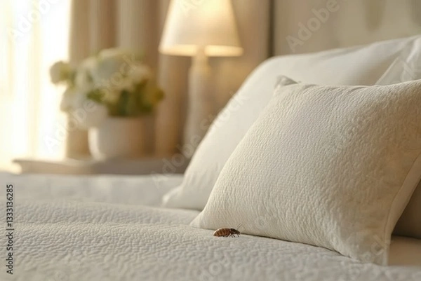 Fototapeta Close-Up of Bed with Insect on Pillow in Soft Natural Lighting