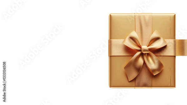 Fototapeta Golden gift box with a metallic ribbon isolated on a white background