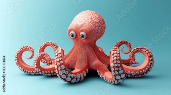 Fototapeta A soft toy octopus with wiggly arms in paper art style. A paper art Style 3d