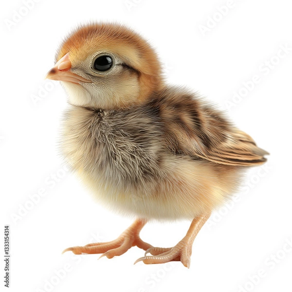 Obraz Fluffy Young Chick: Adorable Yellow and Orange Baby Bird with Soft Feathers on White Background