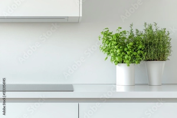 Fototapeta Fresh Herbs in Modern Kitchen Setting with Minimalist Design