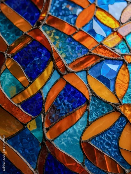 Fototapeta Intricate blue and orange geometric stained glass mosaic pattern