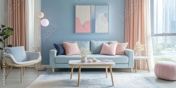Fototapeta A modern and stylish living room interior with pastel colors