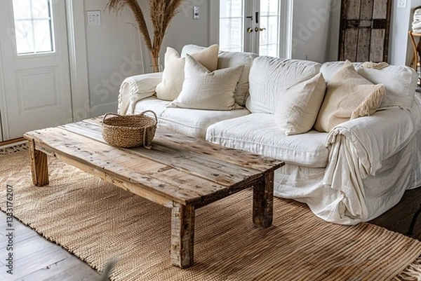 Fototapeta A Scandinavian interior design for a living room with a minimalist, white sofa and a rough-finished wood coffee table. Generative AI
