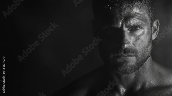 Fototapeta Intense portrait of athletic man with fierce gaze and defined features