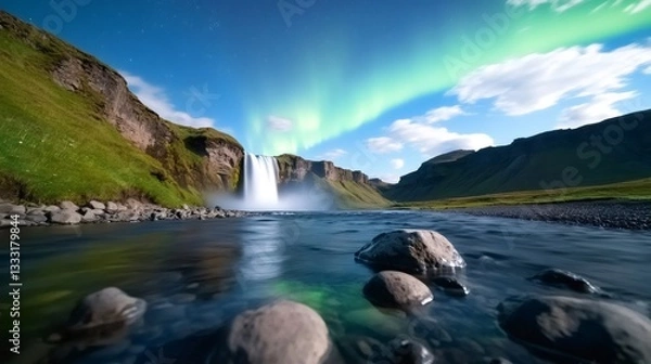 Fototapeta Seljalandsfoss waterfall flowing under aurora borealis in iceland at night