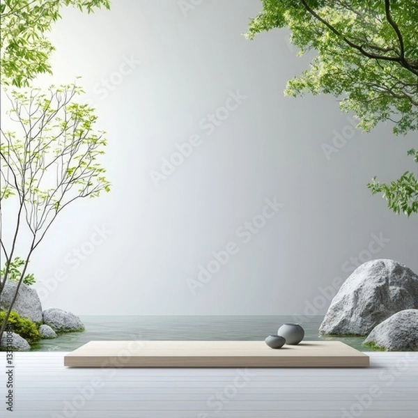 Fototapeta Tranquil Nature Scene with Minimalist Platform and Gentle Greenery
