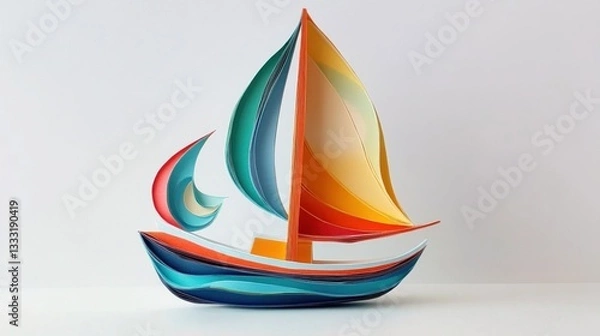 Fototapeta A tiny paper art sailboat with colorful sails. A paper art Style 3d