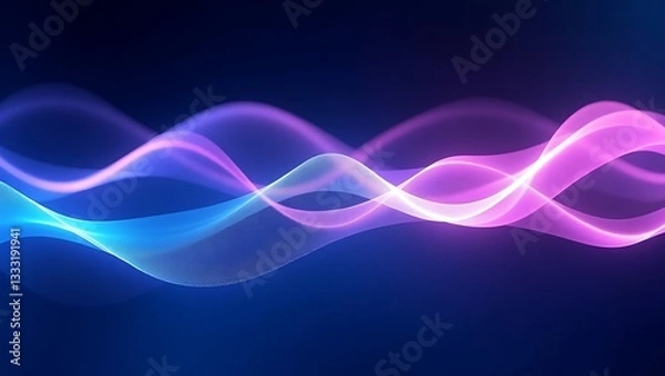 Fototapeta Futuristic abstract digital artwork with fluid wavy light trails in neon blue, purple, and pink on dark background. modern tech gradient waves