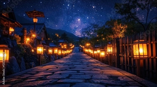 Fototapeta A cobblestone path lit by lanterns under a starry night sky