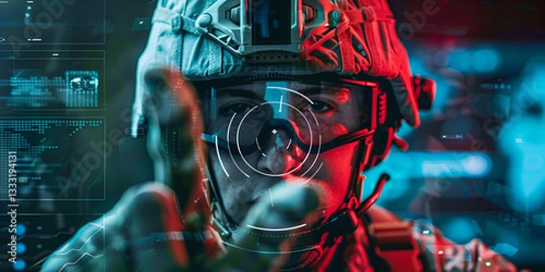 Obraz Soldier using augmented reality military technology for advanced combat strategy, Futuristic AI-powered defense and warfare system

