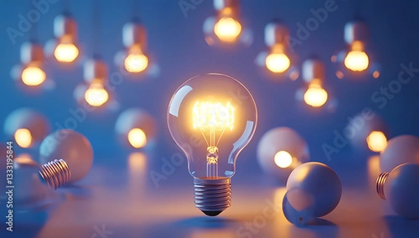 Fototapeta A single lightbulb glowing and rising above other bulbs on a blue backdrop, representing unique, creative thinking and innovation through rendering.