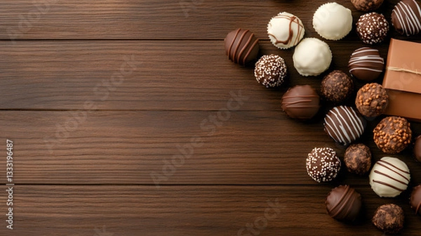 Fototapeta Assorted Chocolate Truffles on Dark Wooden Table with Gift Box