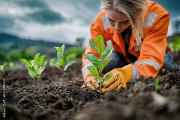 Fototapeta A woman carefully plants a sapling in rich soil, contributing to reforestation efforts.