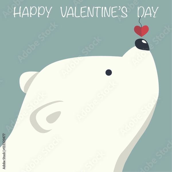 Fototapeta Cover design.Polar bear with decorative red heart on the blue background.In the top of the image the phrase Happy Valentine's day.