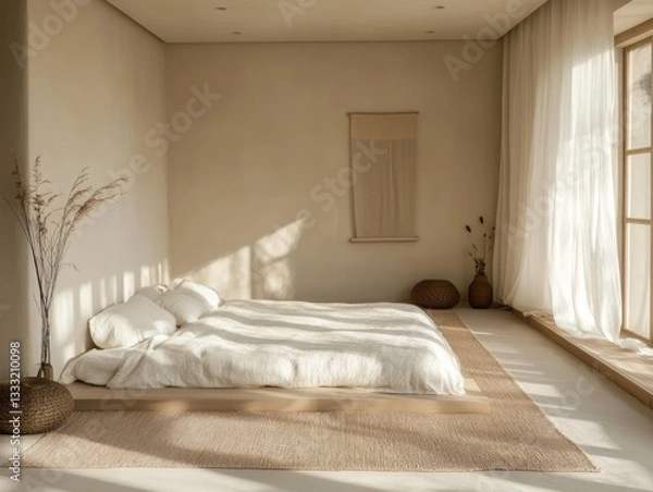 Fototapeta A serene and minimalist bedroom bathed in soft sunlight streams