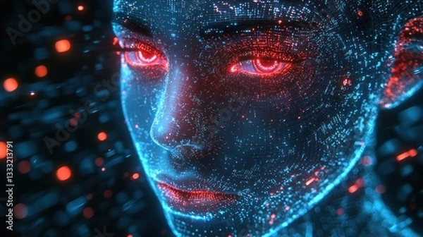 Fototapeta Futuristic Digital Face with Red Glowing Eyes and Data Streams