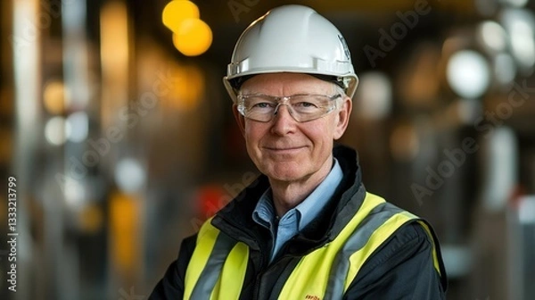 Fototapeta Confident engineer in safety gear, embodying professionalism and resilience in industrial expertise.