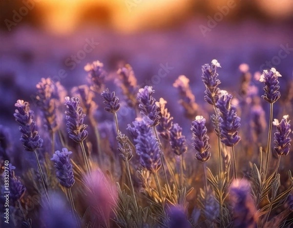 Fototapeta blurred field of lavender flowers at sunset, with a warm golden glow and soft purple hues filling the background