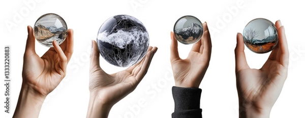 Fototapeta Hands holding crystal spheres displaying captivating landscapes and textures in a creative artistic display