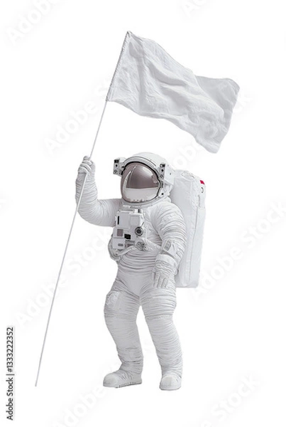 Fototapeta Astronaut holding a white flag in a minimalistic setting with a neutral background