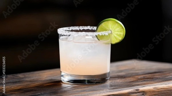 Fototapeta Refreshing Cocktail with Lime Garnish on Rustic Wooden Table Setting