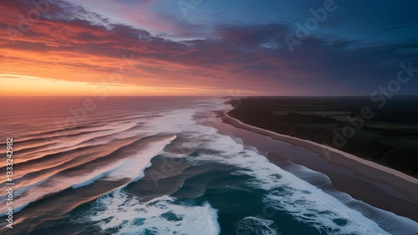 Fototapeta A top-down view of a coastal landscape during sunset, highlighting the waves and the horizon