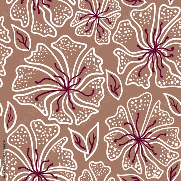 Fototapeta Decorative botanical floral seamless pattern. Hand drawn flowers with leaves on coffee-brown background. For textile, wallpaper, print, wrapping, scrapbooking. Spring illustration