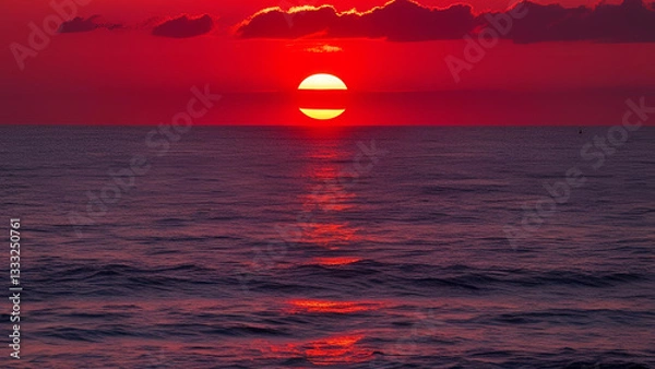 Fototapeta A vibrant red sunset reflecting upon the ocean's surface