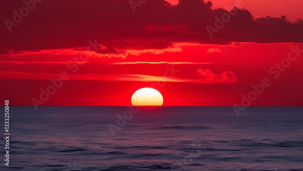 Fototapeta A fiery sunset descending over the expanse of the sea