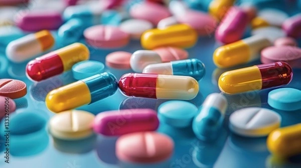 Obraz Assorted colorful medicine pills capsules and tablets scattered on reflective surface representing healthcare medication and pharmaceutical industry