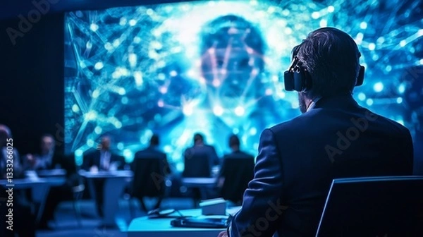 Fototapeta Futuristic business seminar featuring world renowned executives and thought leaders