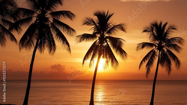 Fototapeta A panoramic depiction of a tropical sunset, highlighted by the silhouette of palm trees