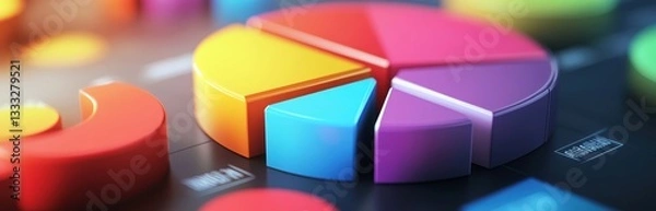 Obraz Colorful 3D pie charts showcasing data visualization on a dark background.