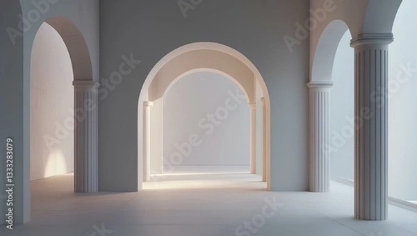 Fototapeta A spacious white corridor adorned with arches, filled with light that enters through the openings along the walls