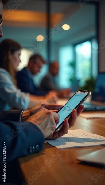 Obraz A professional checking emails on a smartphone during a business meeting.