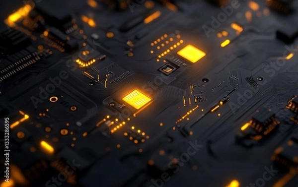 Obraz Close-up of electronic circuit board with glowing yellow chip letters, microchips, and wires on black background, tech detail shot