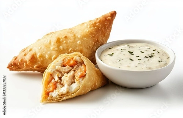 Obraz Delicious savory pastry filled with chicken and shrimp served with creamy dipping sauce on a clean white background