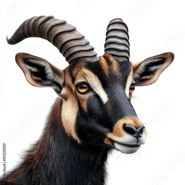 Fototapeta Detailed Hyper-realistic image of a sable antelope on a pure white background, isolated, sharp details, professional studio lighting With its elegant curved horns and glossy coat,