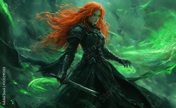 Obraz Fantasy warrior woman with red hair and green eyes in leather armor, glowing aura, and sword – dynamic Dota 2-inspired splash art