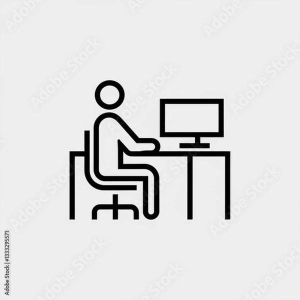 Fototapeta Minimalist stick figure person working on desktop computer at office desk in black outline icon style