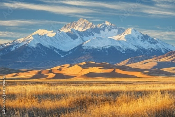 Fototapeta Golden hour over endless sand dunes with towering snow-capped mountains, warm sunlight casting long shadows