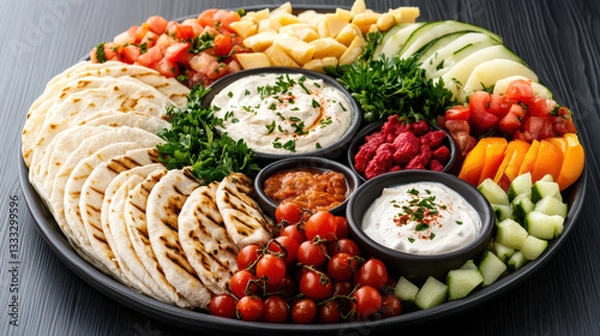 Fototapeta colorful meal of Mediterranean mezze served large platter, featuring fresh vegetables, dips